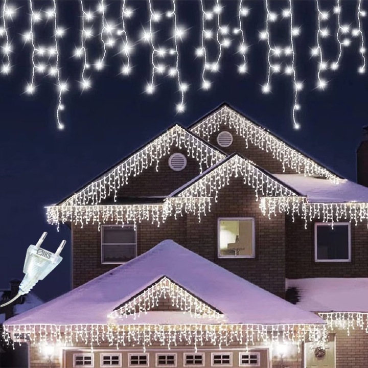 Instalatie Craciun Tip Turturi/Franjuri SIKS, 20 Metri, 500 Led-uri, Pentru Casa / Gradina / Gard, Cu 8 Jocuri De Lumini, Franjuri Curgatoare, Exterior/Interior, Fir Transparent, Interconectabila, Rezistenta La Apa, Alb Rece