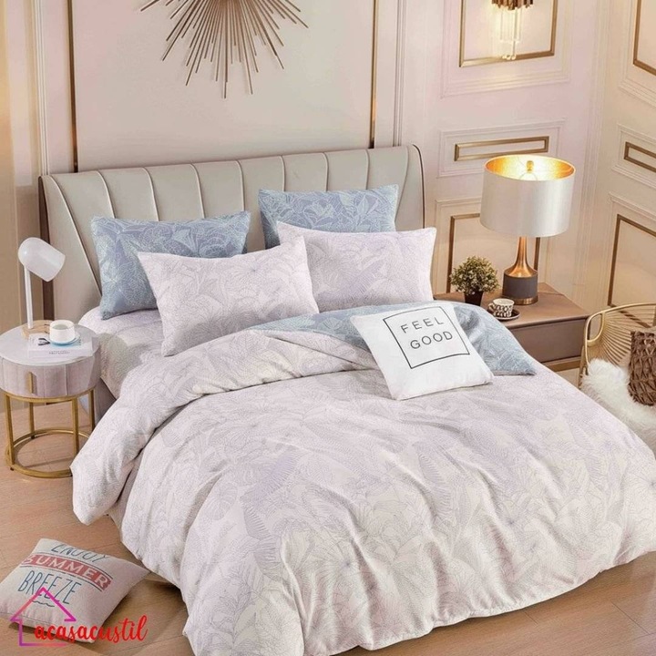 Lenjerie de pat din finet, 6 piese, model floral, cearsaf cu elastic 180x200 cm, cearsaf pilota 200x220 cm, fete de perna 50x70 si 70x70 cm, alb cu albastru