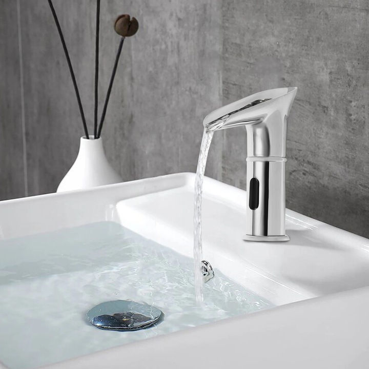 Robinet cu Senzor Infrarosu, Fara Contact, Cismea Cadere de Apa, Activare Automata prin Miscare, Pentru Baie si Bucatarie, Disponibil in Argintiu