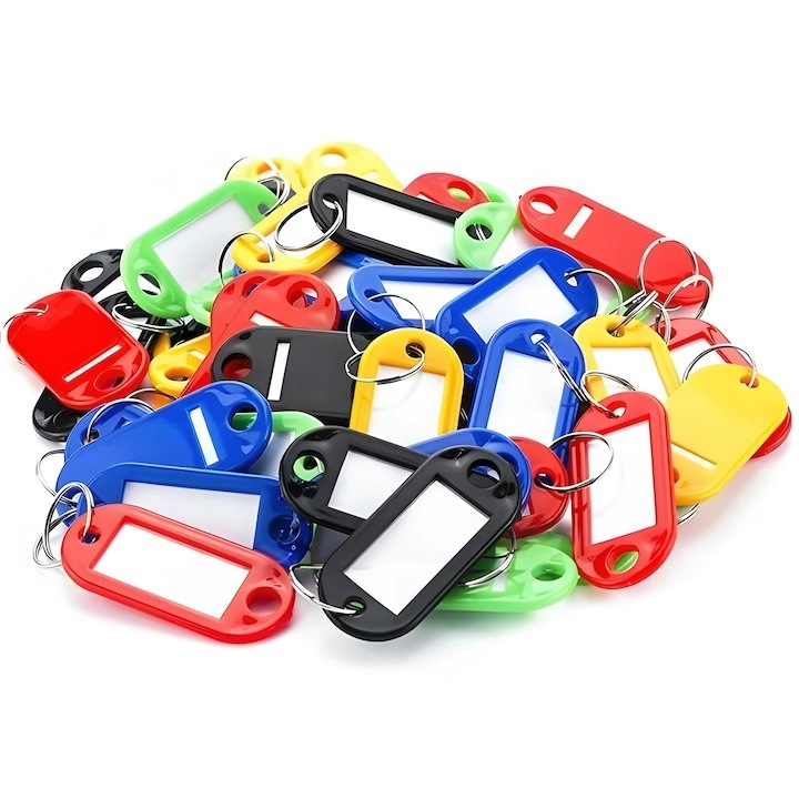 Set 100 brelocuri cu eticheta pentru chei, multicolor, PP rezistent, cu inel metalic, personalizabile, organizare universala