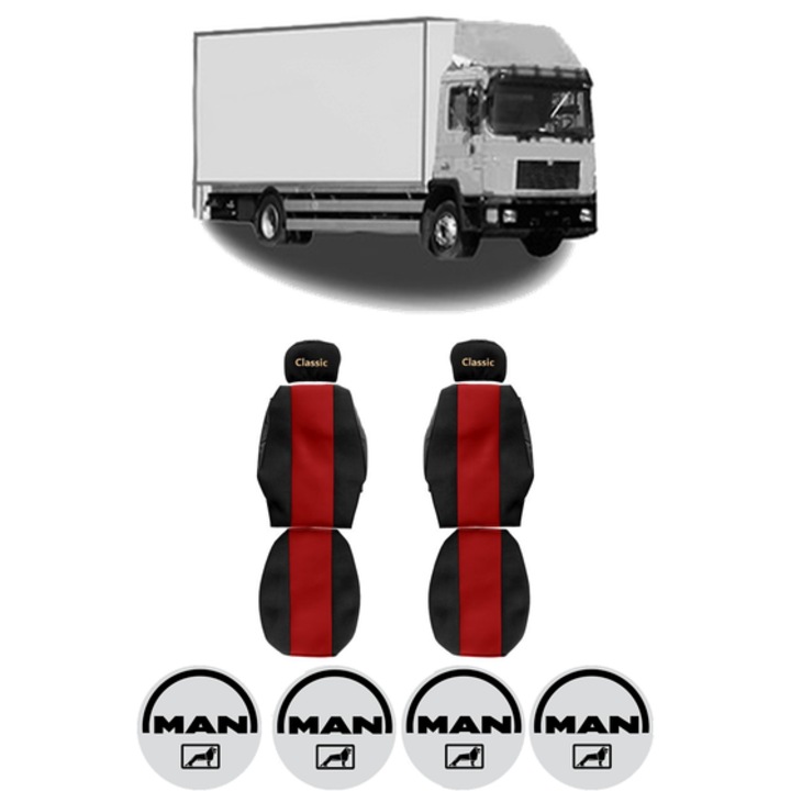 Set Huse Scaune Camion Tir MAN F2000 din 1994-2005, Auto, Model CLASSIC, Culoare Rosu, 4x Stickere auto cu MAN