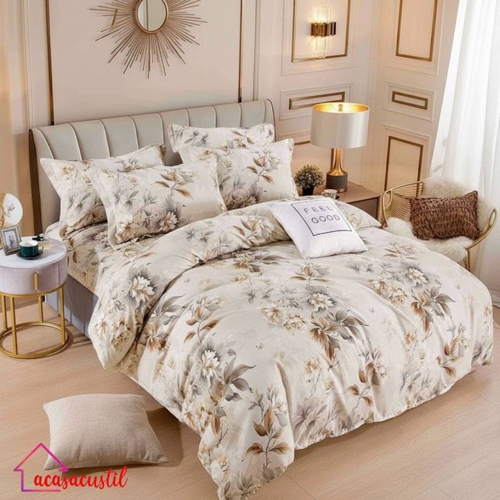 Lenjerie de pat din finet, 6 piese, model floral elegant, cearsaf cu elastic 180x200 cm, cearsaf pilota 200x220 cm, fete de perna 50x70 si 70x70 cm, bej cu gri