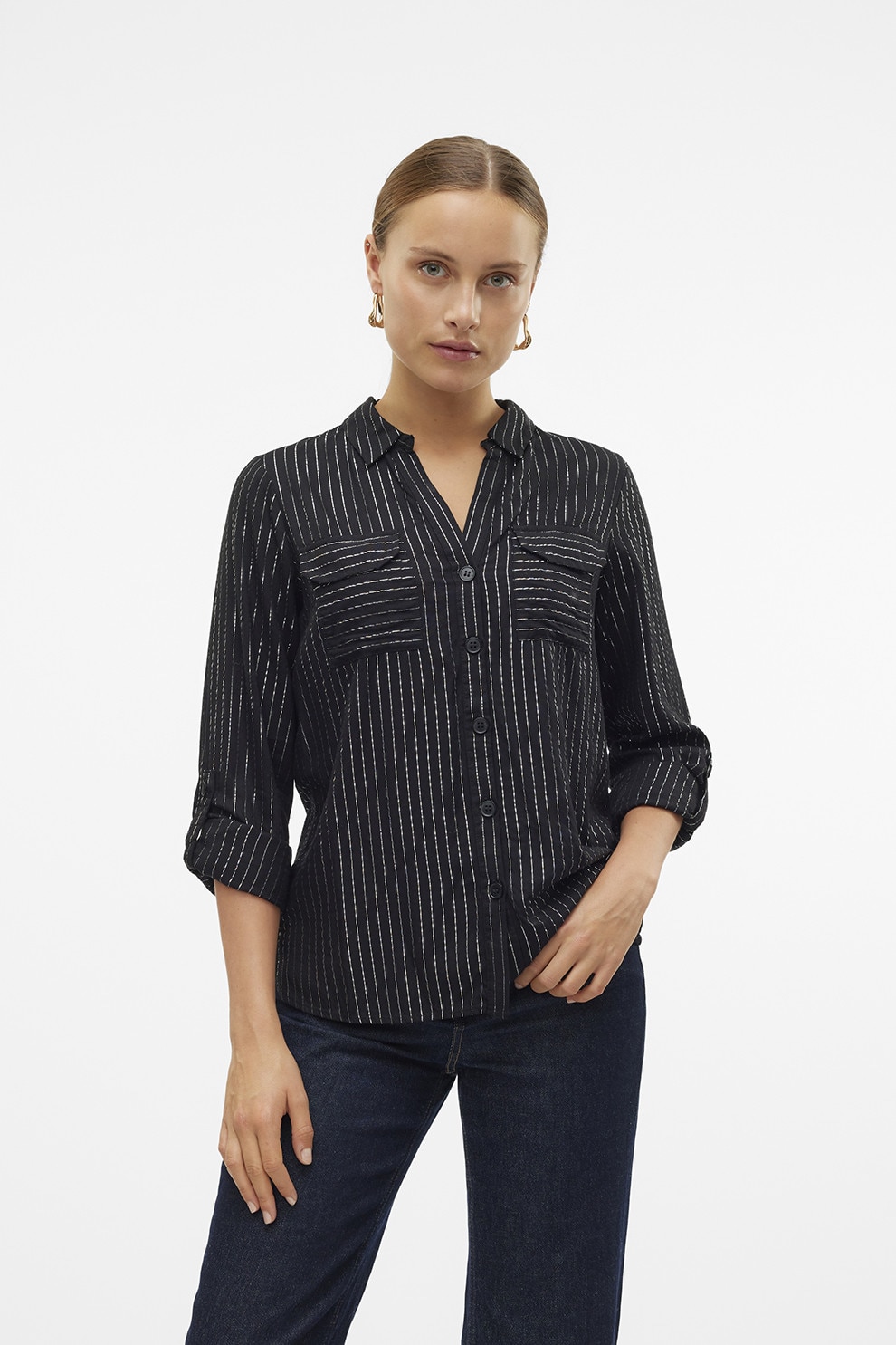 Vero Moda, Camasa cu insertii din lurex, Negru, S
