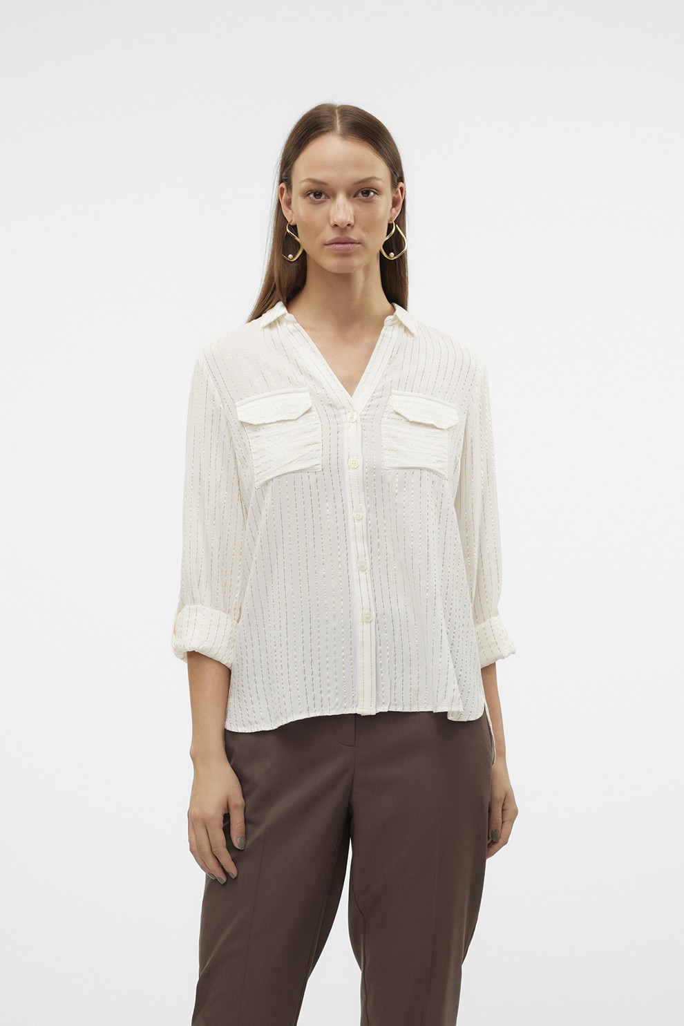 Vero Moda, Camasa cu insertii din lurex, Alb murdar, S