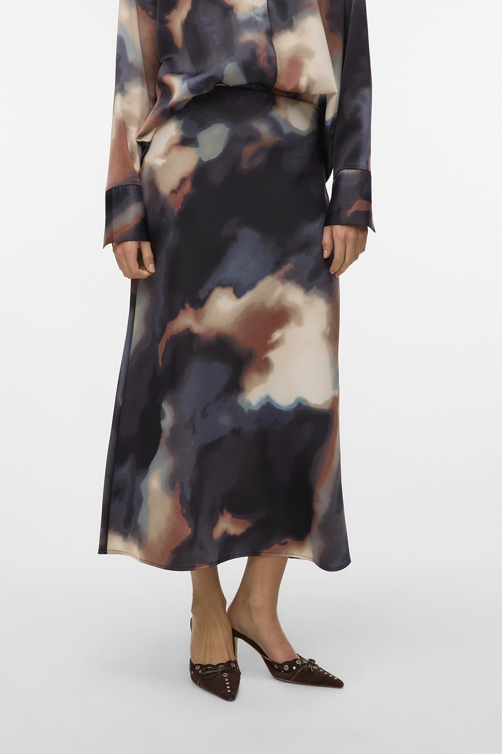 Vero Moda, Fusta midi cu imprimeu abstract, Negru, Crem, M