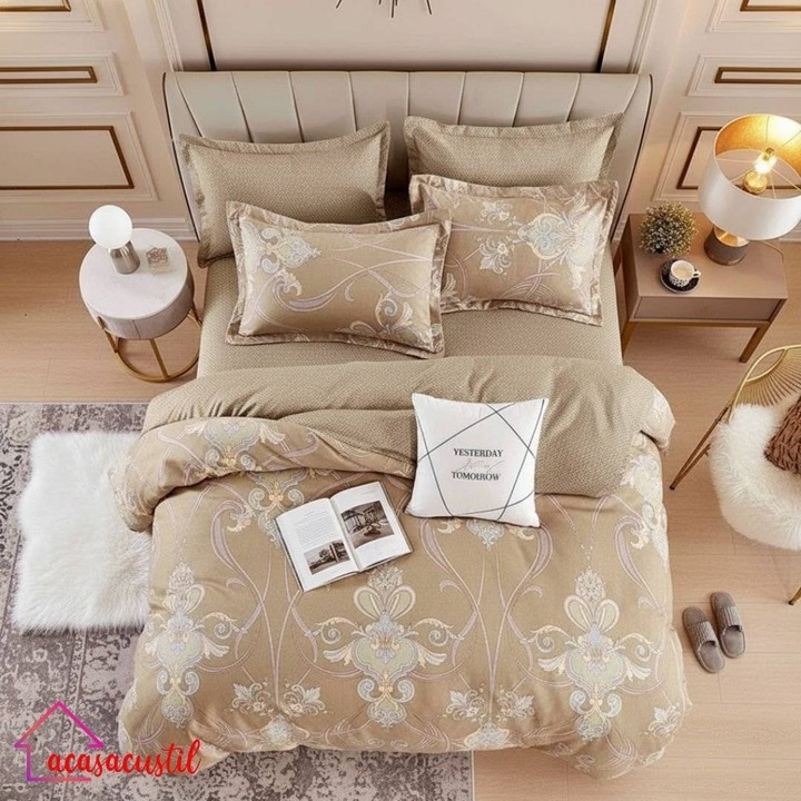 Lenjerie de pat din finet, 6 piese, model ornamental Art Nouveau, cearsaf cu elastic 180x200 cm, cearsaf pilota 200x220 cm, fete de perna 50x70 si 70x70 cm, Bej-Crem