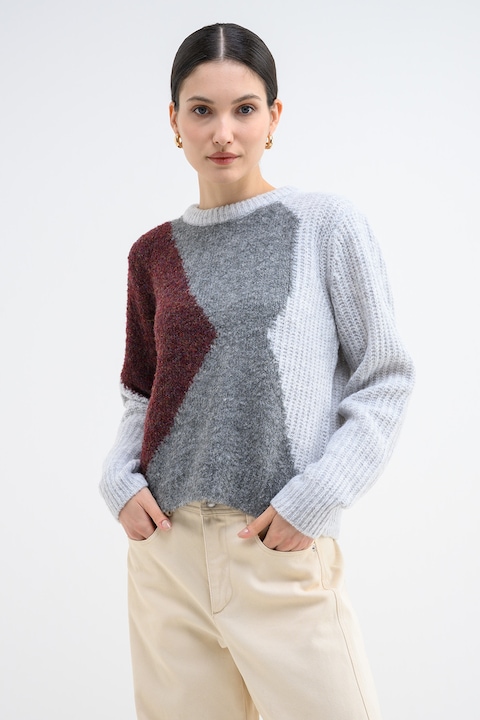 Vero Moda, Пуловер Keisa с вълна с дизайн с цветен блок, Тъмновиолетов/Светлосив меланж