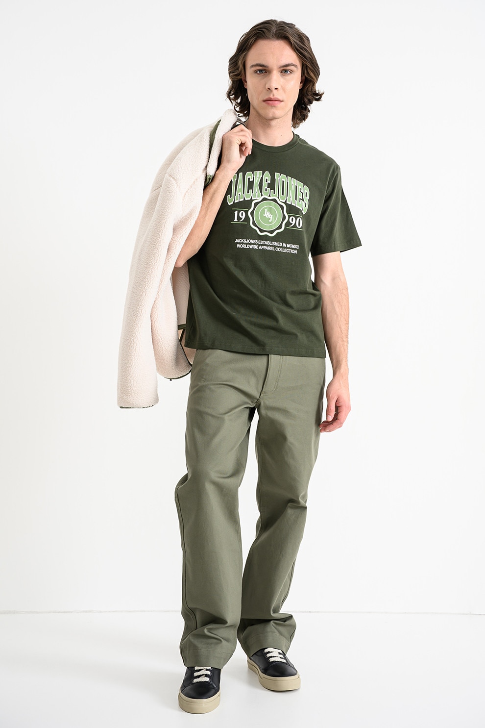Jack & Jones, Tricou regular fit cu imprimeu logo contrastant Mako, Alb, Verde, L