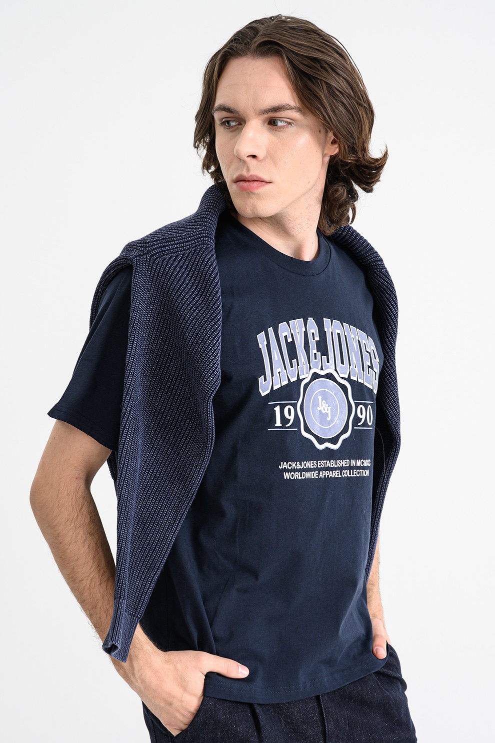 Jack & Jones, Tricou regular fit cu imprimeu logo contrastant Mako, Alb, Bleumarin, M