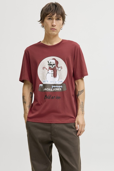 Jack & Jones, Kerek nyakú karácsonyi póló, Téglavörös