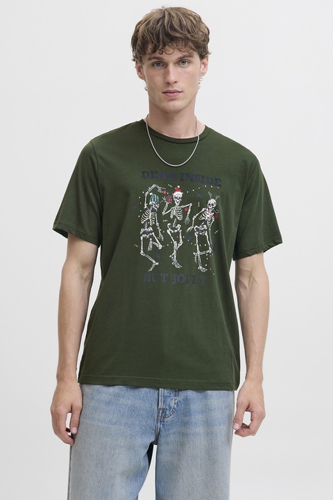 Jack & Jones, Kerek nyakú karácsonyi póló, Sötétzöld