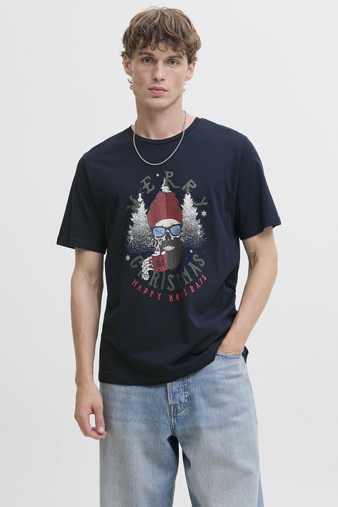 Jack & Jones, Kerek nyakú karácsonyi póló, Tengerészkék