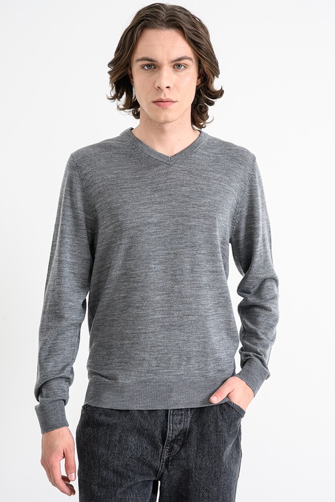 Jack & Jones, Pulover din lana cu decolteu in V, Gri inchis melange