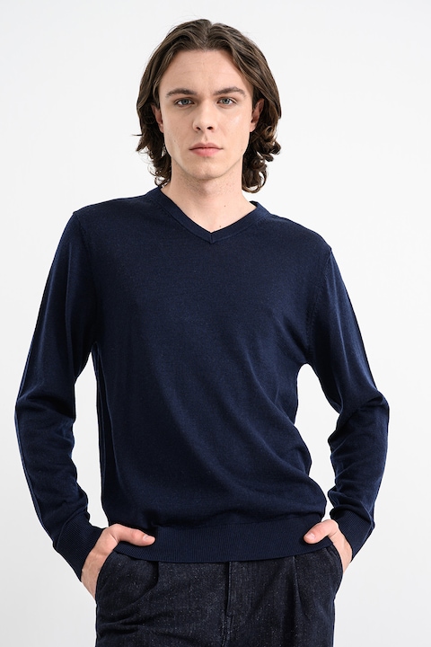 Jack & Jones, Pulover din lana cu decolteu in V, Bleumarin