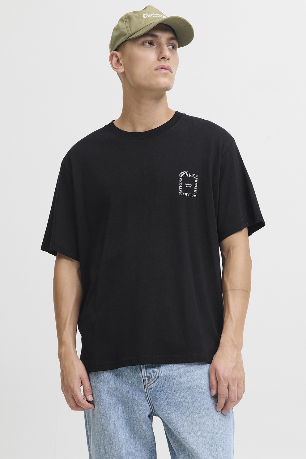 Jack & Jones, Tricou lejer cu imprimeu pe partea din spate, Negru, Kaki, Albastru, M