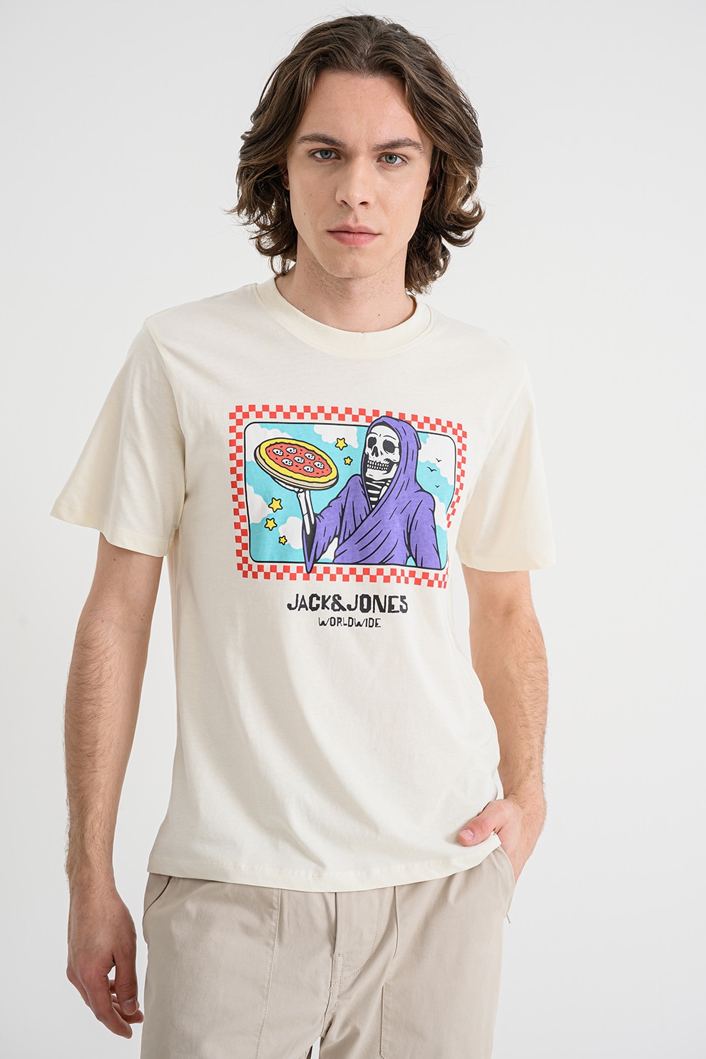 Jack & Jones, Tricou de bumbac organic cu model cu craniu Holiday, Alb fildes, Turcoaz, Ametist, M