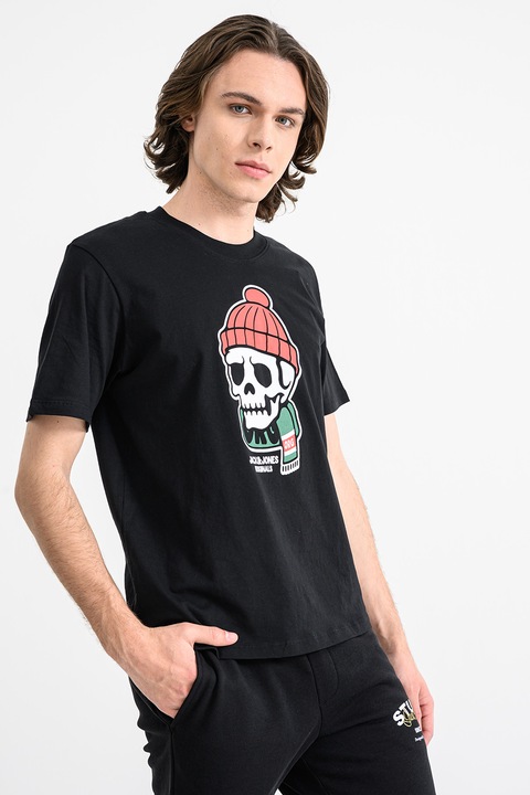 Jack & Jones, Mintás organikuspamut póló, Piros/Zöld/Fekete