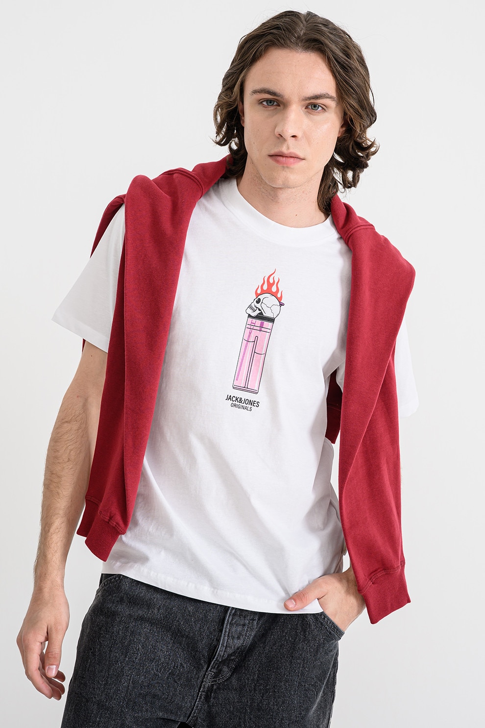 Jack & Jones, Tricou de bumbac organic cu model cu craniu Holiday, Rosu, Alb, Roz, L
