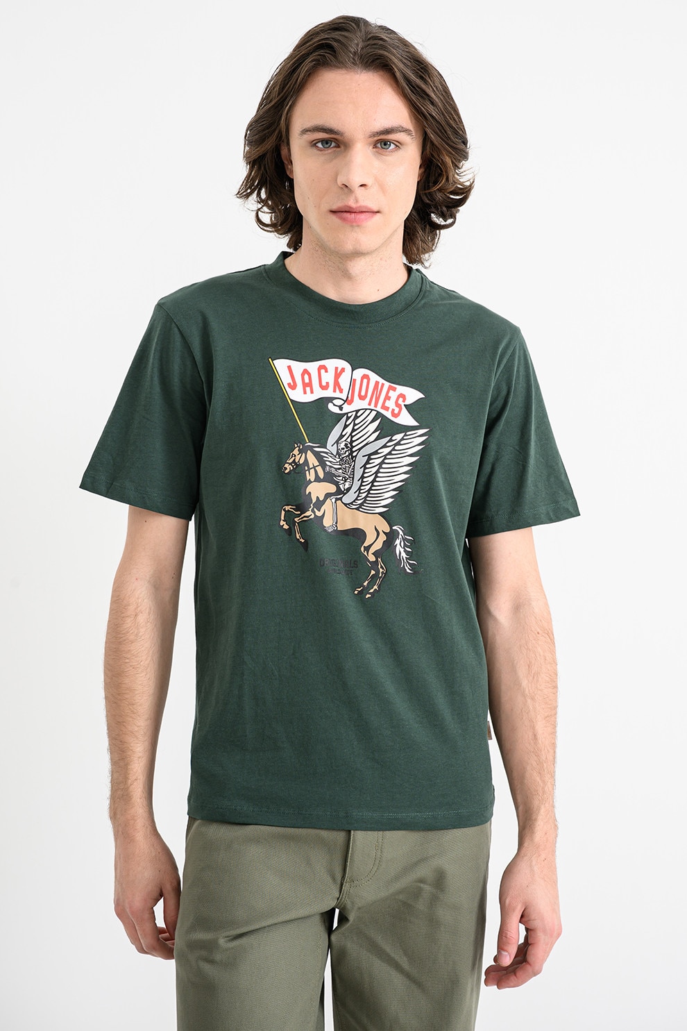 Jack & Jones, Tricou de bumbac organic cu model cu craniu Holiday, Alb, Verde, Maro, XL