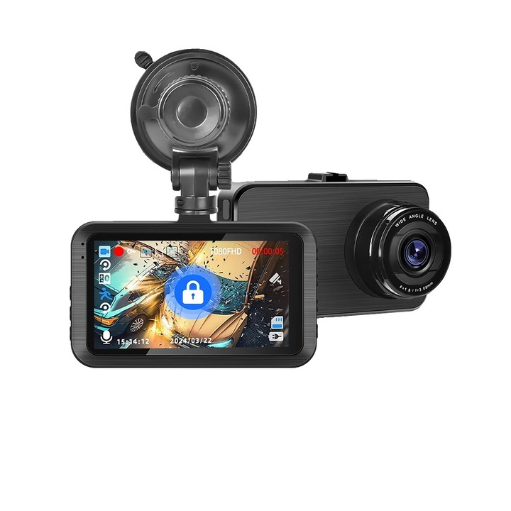 Camera auto DVR, 1080P Full HD, sistem cu doua lentile, waterproof, 3.0 inch