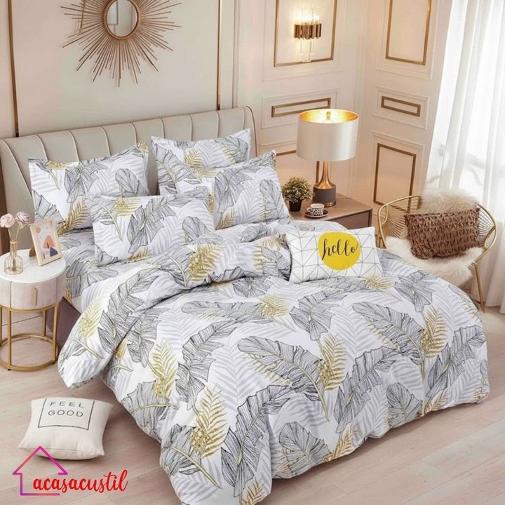 Lenjerie de pat din finet, 6 piese, model modern cu frunze tropicale gri si aurii, cearsaf cu elastic 180x200 cm, cearsaf pilota 200x220 cm, fete de perna 50x70 si 70x70 cm, Alb-Gri-Auriu