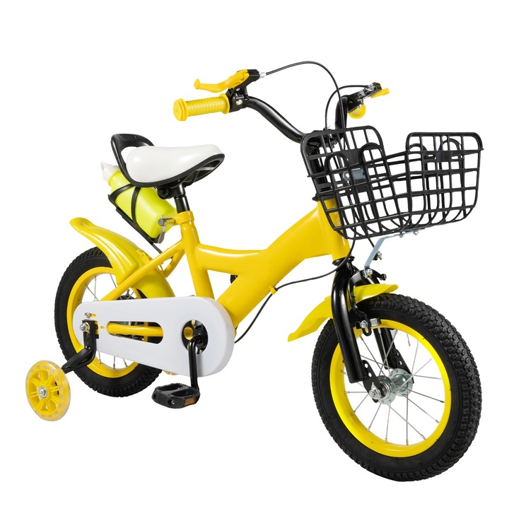 Bicicleta pentru copii, Roti 35 cm, Cadru din otel carbon, Furca si jante din fibra de carbon, Frana V dubla, Fara roti ajutatoare, Pentru 2–4 ani, Galben