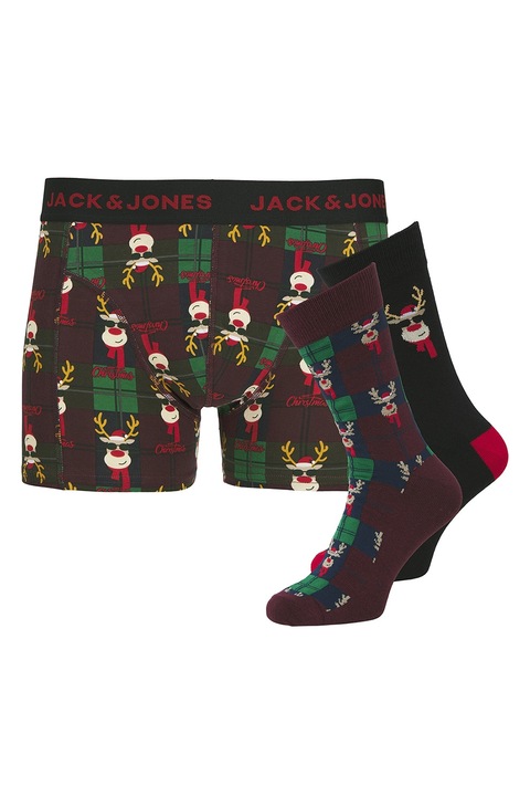 Jack & Jones, Karácsonyi boxer és hosszú szárú zokni szett - 3 részes, Zöld/Bordó/Fekete