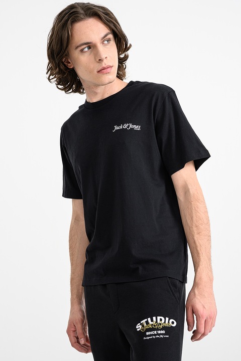 Jack & Jones, Yuki kerek nyakú pamutpóló, Fehér/Fekete