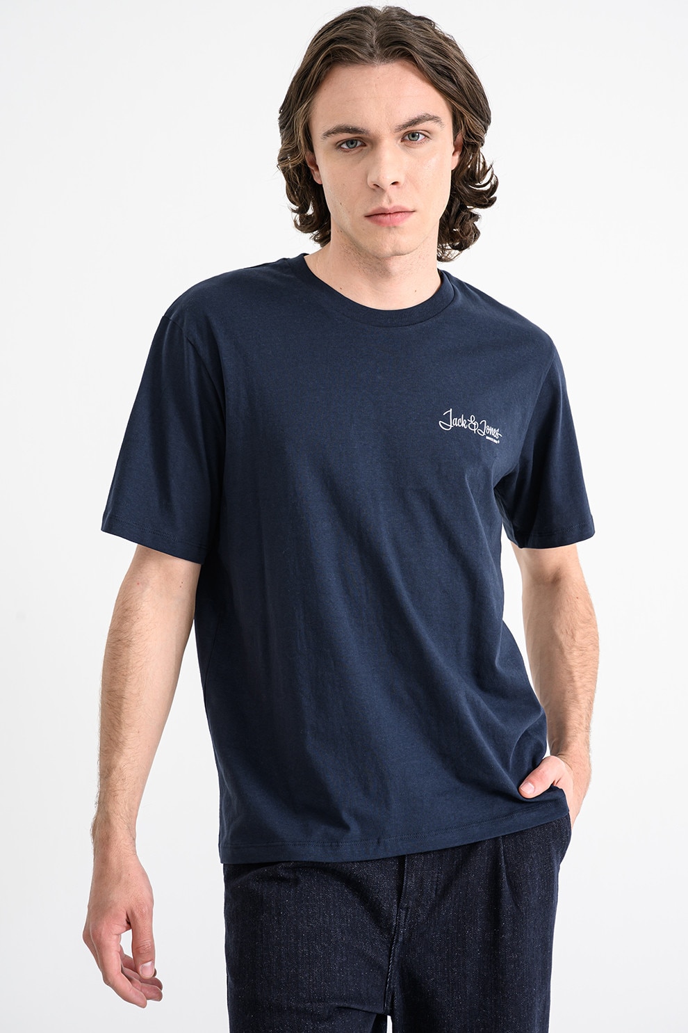 Jack & Jones, Tricou din bumbac cu decolteu la baza gatului Yuki, Alb, Bleumarin, M