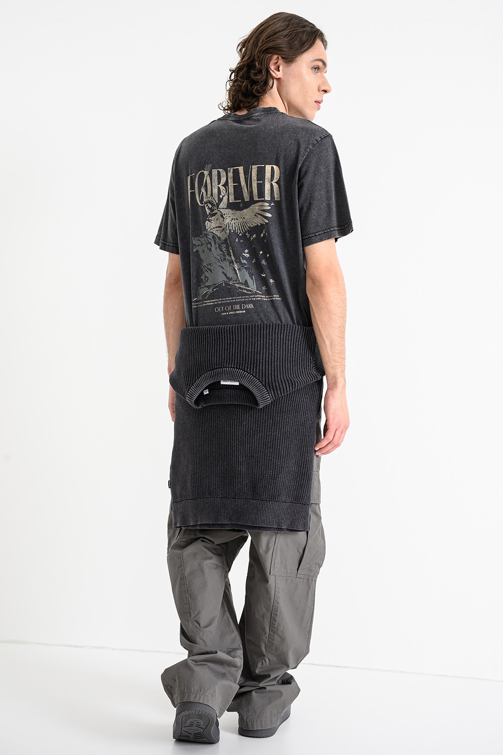 Jack & Jones, Tricou de bumbac organic cu imprimeu pe partea din spate, Gri, Galben, Negru stins, M