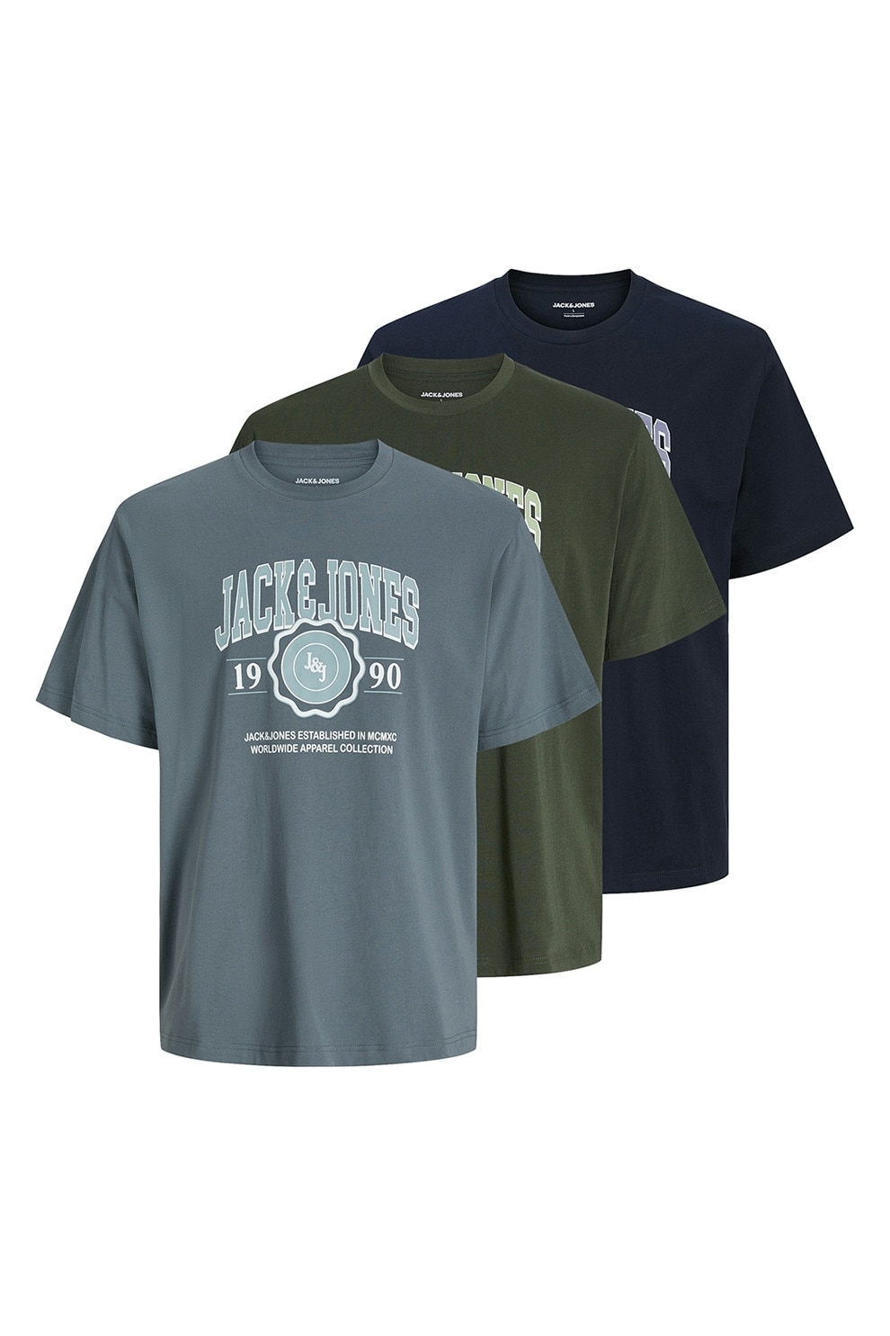 Jack & Jones, Set de tricouri cu logo - 3 pise, verde militar prafuit, Albastru, S
