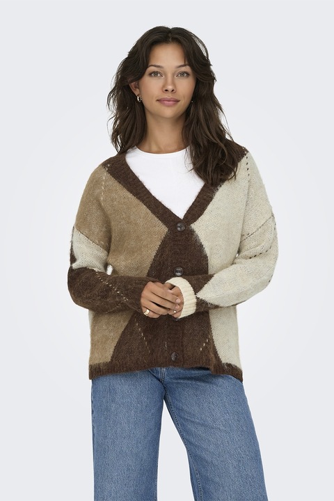 Only, Bő fazonú gyapjútartalmú kardigán geometrikus mintával, Csontszín/Barna/Bézs