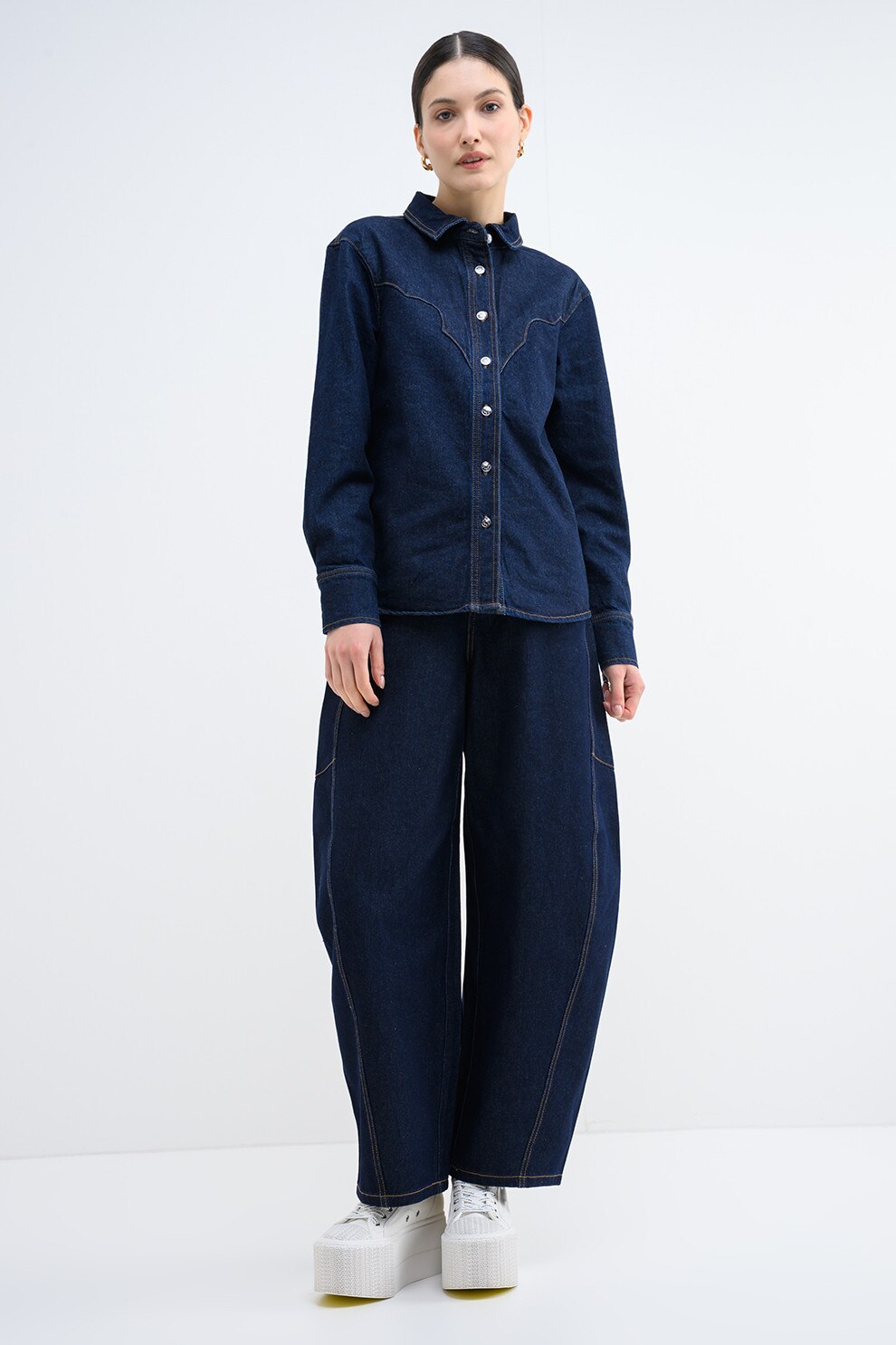 Only, Camasa de denim cu mansete cu nasturi, Albastru inchis, S
