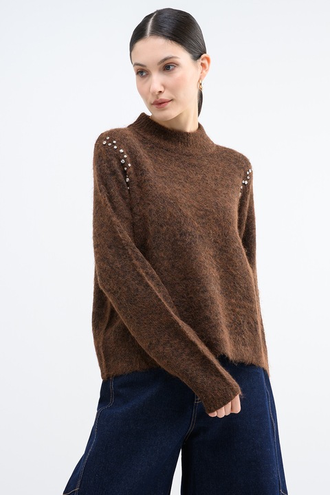 Only, Rövid galléros pulóver strasszkövekkel díszítve, Melange barna/Ezüstszín