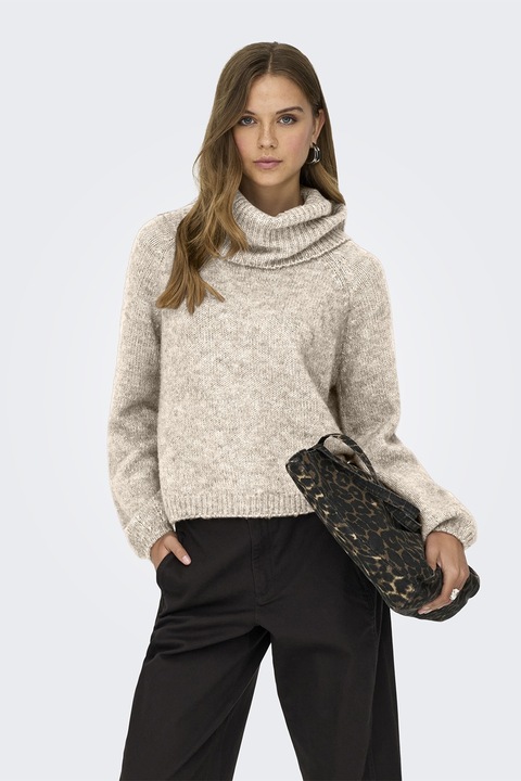 Only, Pulover uni cu guler inalt, Maro nisip/Bej melange