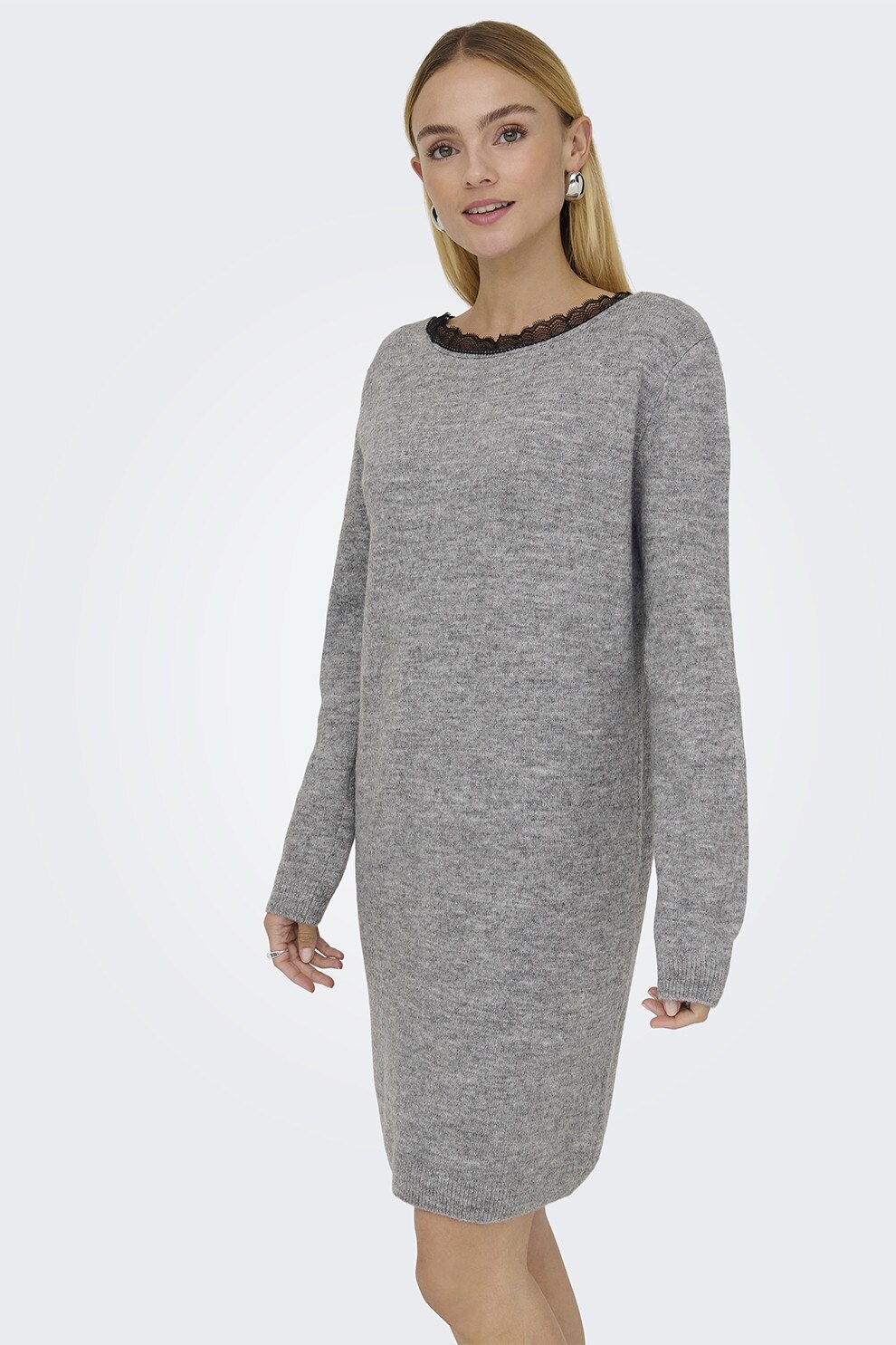 Only, Rochie dreapta cu decolteu in V, Gri deschis melange, S