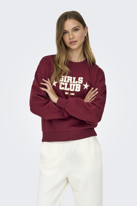 Only, Bluza de trening cu decolteu la baza gatului si imprimeu text, Alb fildes/Rosu inchis