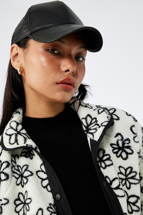 KOTON, Jacheta din teddy cu model floral, Alb/Negru