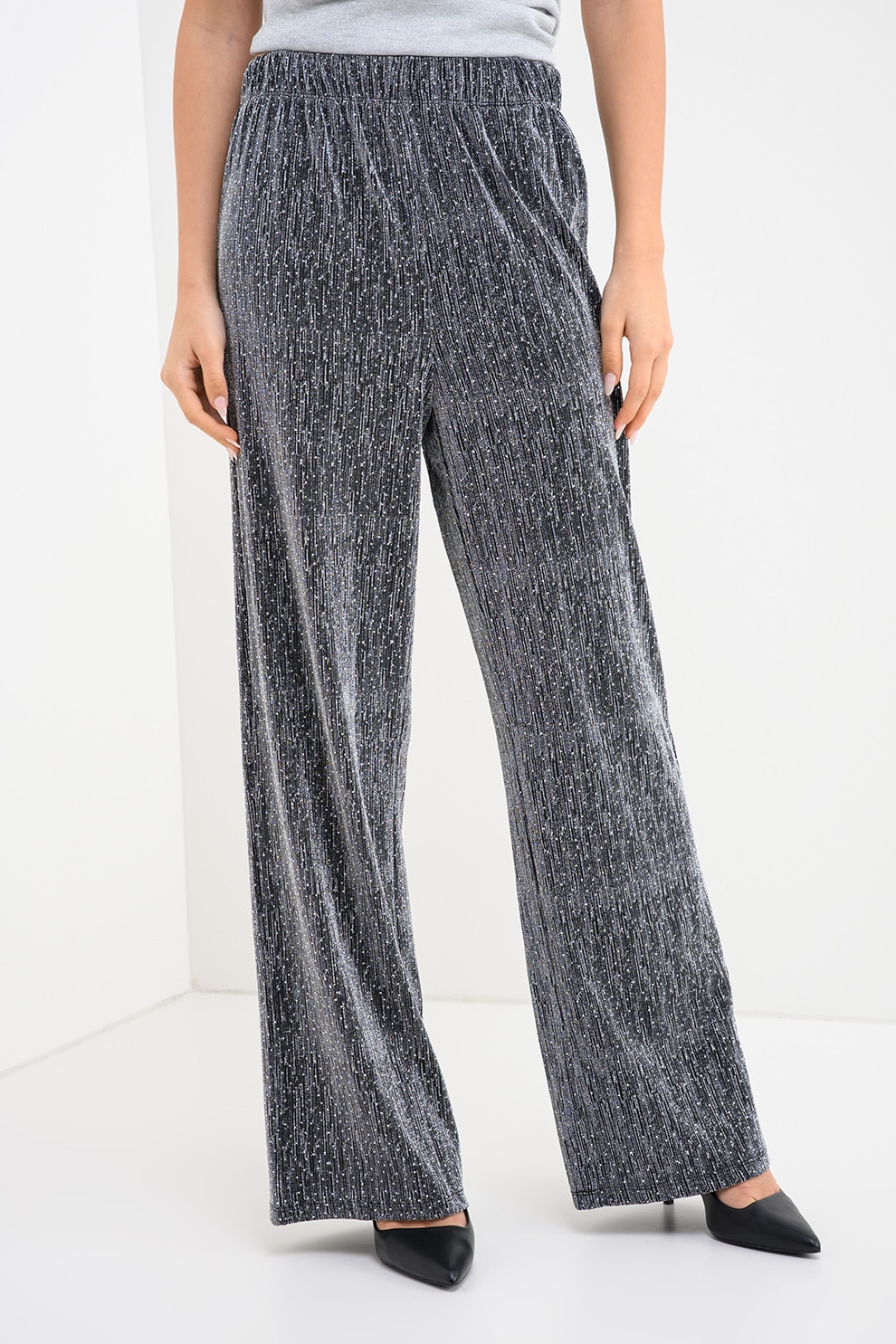 Pieces, Pantaloni ampli cu insertii stralucitoare Maeve, Negru, Argintiu, M