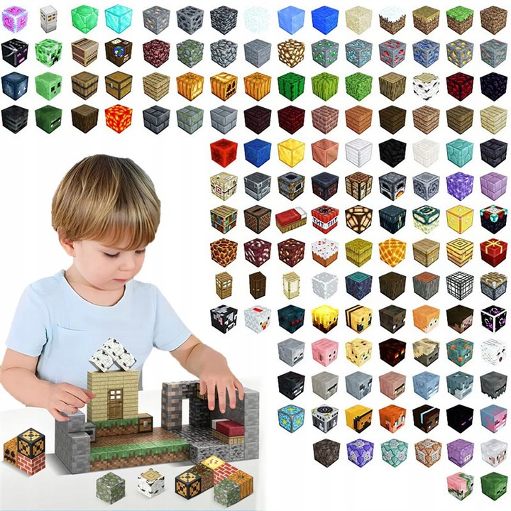 Магнитна играчка за сглобяване с блокове, образователна игра, 100 блока + 5 произволни фигурки в пикселен стил