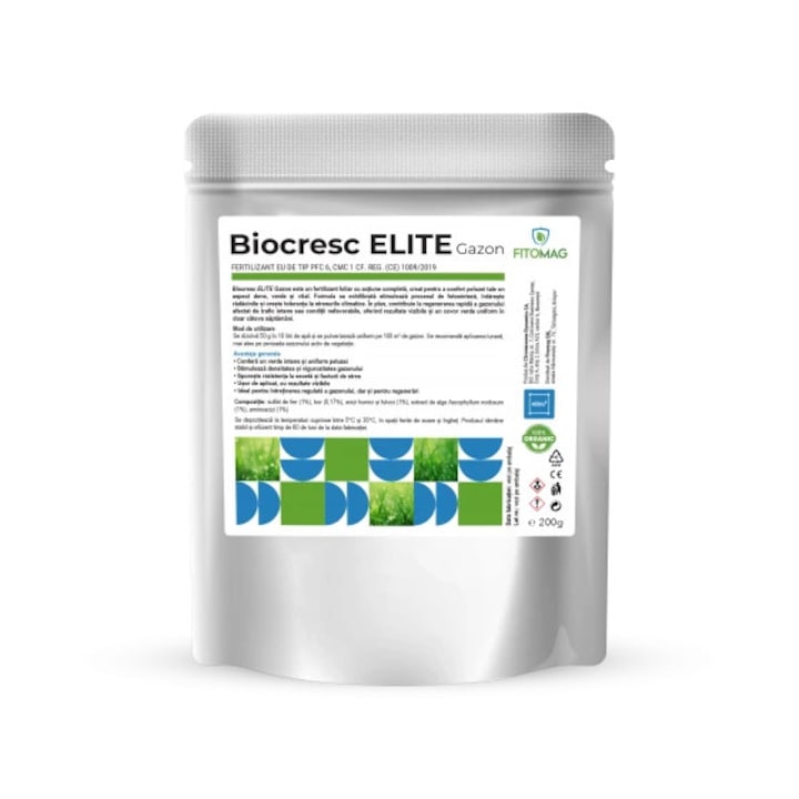 Fertilizant foliar pe baza de microelemente esentiale, biostimulatori naturali si extracte organice, Biocresc Elite Gazon, 200 g