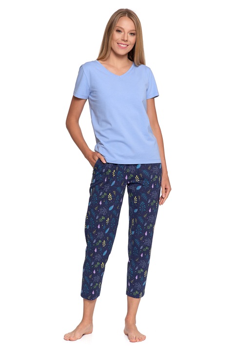 Дамска пижама, Moraj, памук, цветен принт, дълги панталони, синьо/тъмносиньо