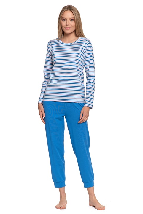 Дамска пижама, Moraj, 2 части, с дълъг ръкав, памук/еластан, бял/син