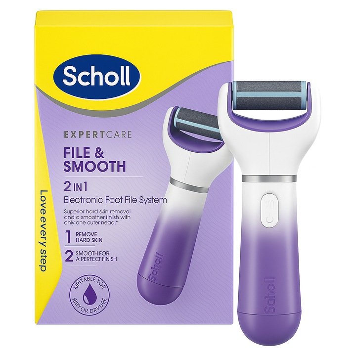 Scholl Velvet Smooth Expertcare 2 az 1-ben elektromos pedikűrreszelő, hatékony eltávolításért, bársonyos lábak percek alatt, finoman forgó hengerek, ergonomikus kialakítás, elemekkel – rózsaszín szín