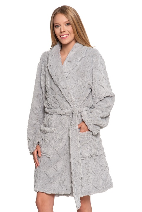 Дамски халат за баня Moraj, пухкав, с колан, до коляното, полиестер, сив