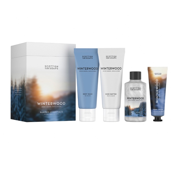 Set cadou, SCOTTISH FINE SOAPS, Winterwood, 4 produse pentru corp, gel de duș 75 ml, unt de corp 75 ml, spumant de baie 100 ml, cremă de mâini 30 ml, aromă Caramel, Vanilie, Mosc