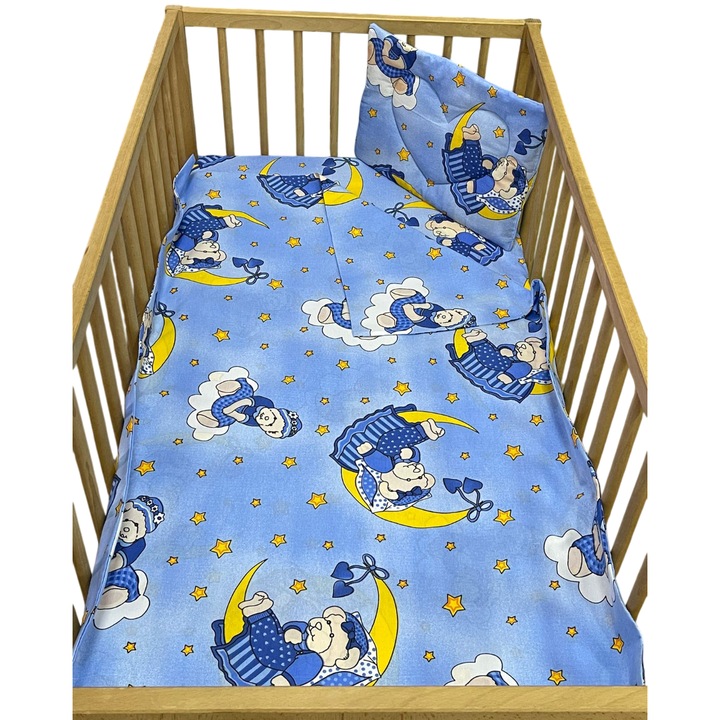 Lenjerie trei piese, din bumbac, culoare albastru, pentru patut de bebelusi 120/60cm, din colectia "Happy baby" - LPB45