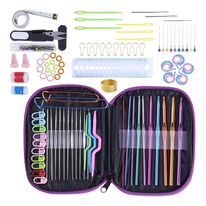 Set de Instrumente pentru Crosetat, Dodaco, 100 Piese, Geantă Compactă, Violet, 18x13cm