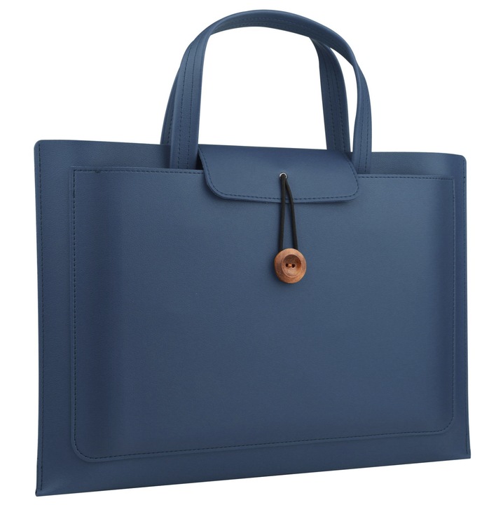 Geantă laptop tip servietă, 16 inch, 3 compartimente, piele ecologică, bleumarin