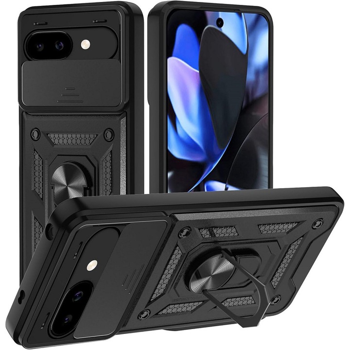 Google Pixel 10 5G / 10 Pro 5G kompatibilis hátlap tok, telefon tok, kitámasztható, mágneses, ütésálló, fekete, Defender Slide